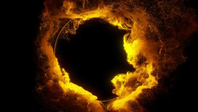 4K loop abstract burning ring of fire on black background. Rotating fiery orange smoke, inter-dimensional portal and sparkling VFX effect. perfect for logo reveal.