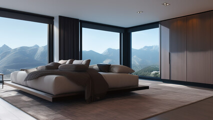 modern bedroom with view, Generative AI