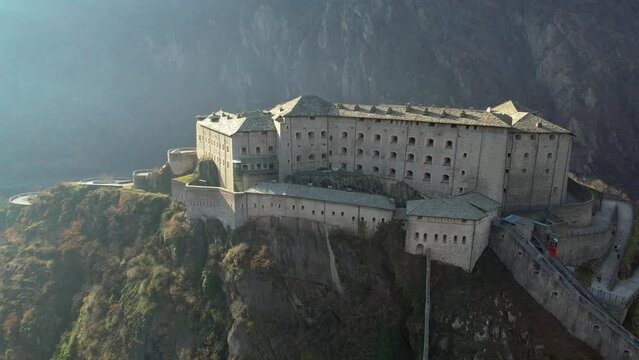 Italy .Famous medieval castles of valle d'Aosta - impressive Bard fort. aerial drone footage