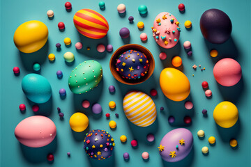 A bunch of colorful eggs with different designs on them, Generative AI
