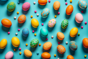 A bunch of colorful eggs with different designs on them, Generative AI