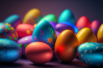 A pile of colorfully decorated eggs on a table with sprinkles on them and a black background with a black background with a black border and white border with a few smaller ones, Generative AI