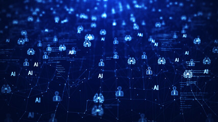 The concept of using AI technology to help process in the work process. Internet communication network connection It has interconnected polygon with AI people icons scattered on a dark blue background