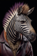 Fototapeta na wymiar beautiful majestic zebra wearing a leather jacket - AI generative technology