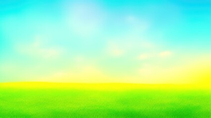 Fototapeta na wymiar Watercolor background of blue sky with white clouds and bright sunny green grass.