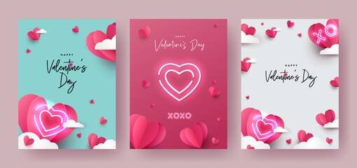 Romantic creative set of Happy Valentine's Day cards. Realistic 3d origami paper hearts over clouds. Heart shaped and XO neon symbols. Festive banner, sale poster, social media or promo templates. - obrazy, fototapety, plakaty