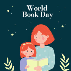 World Book Day background. Mother and daughter reading a book