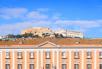 Fototapeta na wymiar Urban view of Naples from Plebiscite Square , Italy: in the background Castel Sant'Elmo and the Certosa di San Martino (