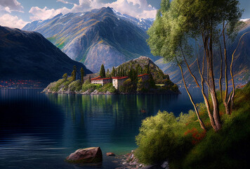 Como lake in Italy. Generative AI Art. Beautiful landscape with mountains and italian architecture. Cozy scene.