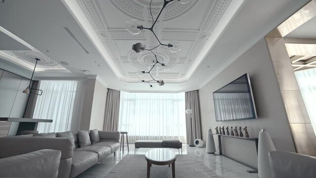 Contemporary interior design of the living room. Stylish interior of the Kitchen-living room. 3d visualization