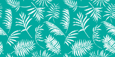 Fototapeta na wymiar Modern exotic seamless pattern. Tropical leaves. Palm foliage. Print for luxury fashion fabric, clothes, wallpaper. Hand drawn collage style. Grunge texture.