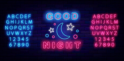 Good night neon signboard. Glowing invitation on brick wall. Dream wishing. Sleep concept. Vector illustration