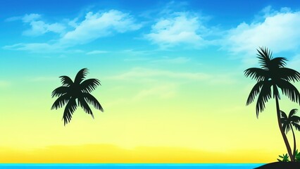 Fototapeta na wymiar Sunny Tropical Beach With Palm Leaves And Paradise Island.