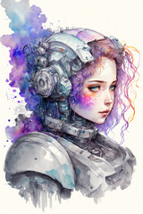 Illustration aquarelle colorée de fille robot, intelligence artificielle, IA générative.