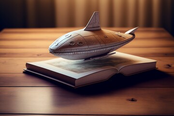un vaisseau spatial est posé sur les pages d'un livre ouvert - illustration ia - obrazy, fototapety, plakaty