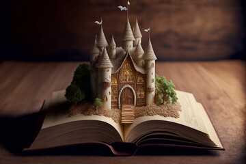 un château de princesse est posé sur les pages d'un livre ouvert sur une table en bois - illustration ia - obrazy, fototapety, plakaty