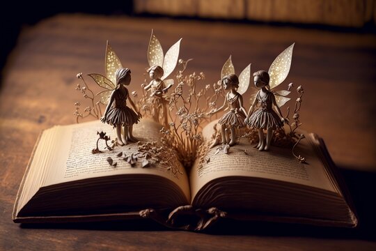 un livre ouvert sur une table en bois, des fées sortent des pages - illustration ia