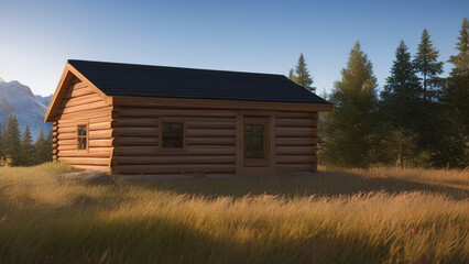 Obraz premium small log cabin on the outskirts, in the middle of the environment, Generative AI