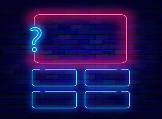 Question and answers neon template. School test, tv show and exam concept. Vector stock illustration
