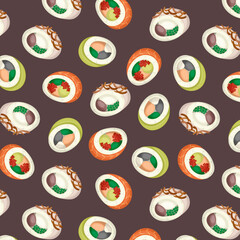 Seamless pattern with Japanese sushi on dark background. Traditional Asian cuisine. Vector illustration. Background, flyer, poster, textile, printed matter.