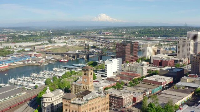 Flyover of Tacoma Washington Downtown Historic with Mount Rainier Looming in Background
