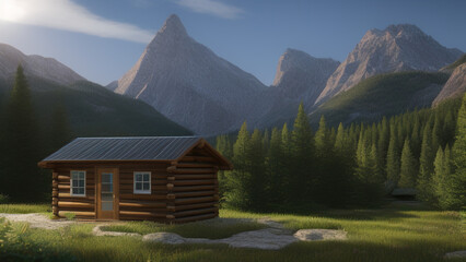 small log cabin on the outskirts, in the middle of the environment, Generative AI