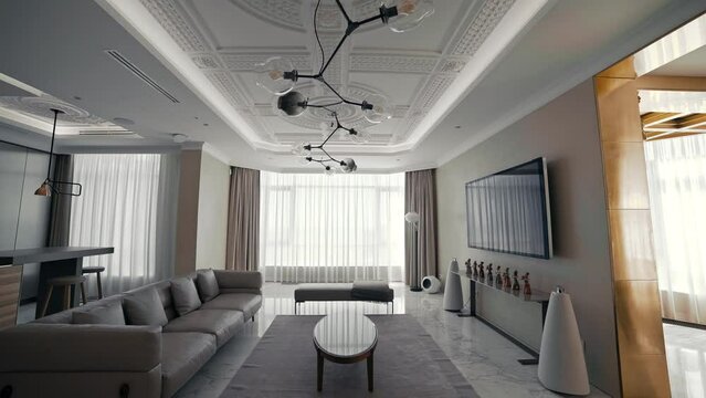 Contemporary interior design of the living room. Stylish interior of the Kitchen-living room. 3d visualization