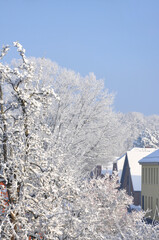 Verschneites Dorf unter blauem Himmel, Winterlandschaft in Norddeutschland