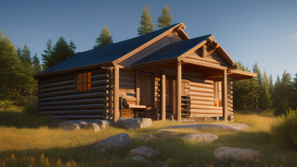 small log cabin on the outskirts, in the middle of the environment, Generative AI