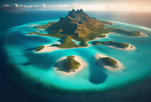 Bora Bora aerial view from drone. Island in French Polynesia. White sandy beach and mountain. Palm trees and blue lagoon. Generative Ai Art.