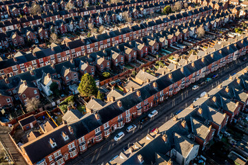 Aerial view of the rooftops of back to back terraced houses in the North of England - obrazy, fototapety, plakaty