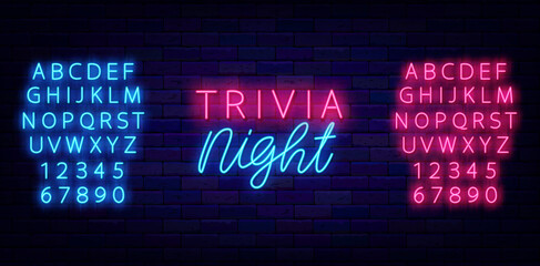 Trivia night neon label. Quiz show. Game competition. Glowing blue and pink alphabet. Vector stock illustration