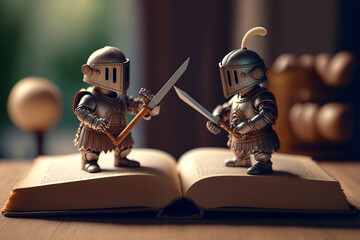 deux personnages de chevaliers se battent sur les pages d'un livre - illustration ia - obrazy, fototapety, plakaty