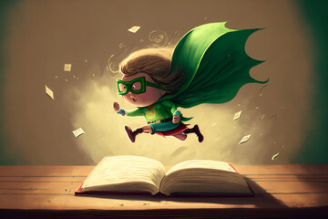 une super héroïne vole au dessus des pages d'un livre ouvert, histoire pour enfant - illustration ia - obrazy, fototapety, plakaty