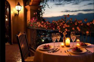 Valentine's Day, Romantic Candlelit Dinner, Wine Glasses Rosses, Generative Ai