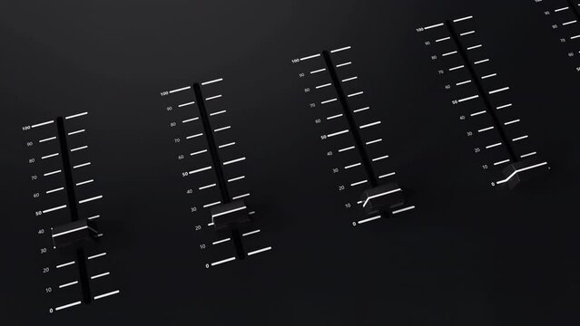 Audio console, studio sound mixer equalizer board sliders, switchers, faders and knobs. Adjusting music record equipment. Control desk  automatic. Top view of technologic background