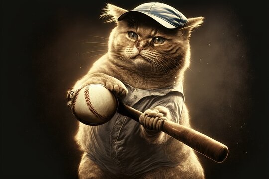 Cute cat baseball player illustration generative ai