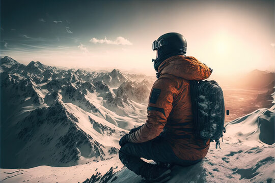  a man sitting on top of a snow covered mountain with a helmet on his head and a backpack on his back, looking at the mountains below him, with a bright sun in the distance. generative ai