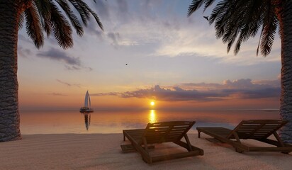 Sunset over the sea and beach. Waves washing the sand. Summer sunset seascape. Fantastic natural relaxing place.