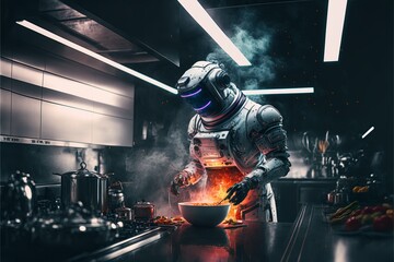Fototapeta na wymiar A robot chef cooking in a futuristic kitchen Generative AI