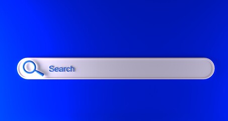Search Or Magnifying Glass in Blank, Search Bar Over Blue Background, Panoramic image with space for text. 3D Rendering, 