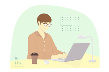 Fototapeta na wymiar short hair girl working with laptop wears glasses