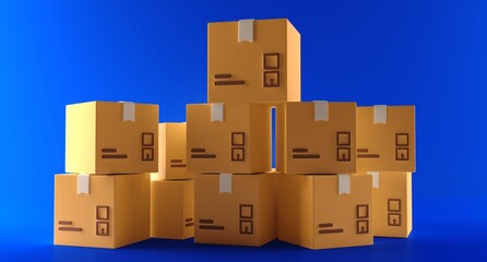 Cardboard box, delivery package, shipping box. Transportation, delivery, shipping concept. 3d rendering. Cartoon minimal style.
