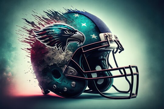  a football helmet with an eagle on it's face and a star burst background behind it, with a blue sky background and a red and white background with a red and blue hue. generative ai