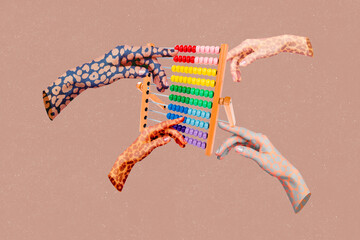Collage photo of fingers different prints style pointing counting colorful abacus financial...