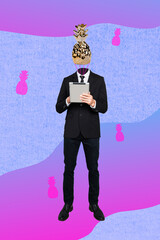 Photo collage artwork minimal picture of funny funky guy pineapple instead head typing modern...