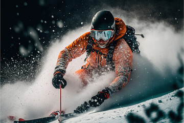 Skiing in Action, Fun Activity, Snow, Fast Movements in Forest, Generative Ai