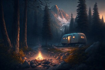 Tourism concept. Dawn in a foggy forest with a lonely tent. Man lives in the forest. Generative AI