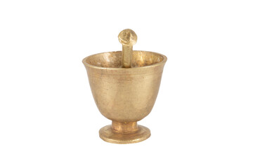 Antique brass mortar with pestle isolated on white background