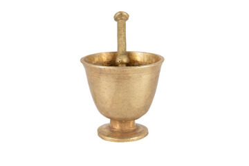 Antique brass mortar with pestle isolated on white background
